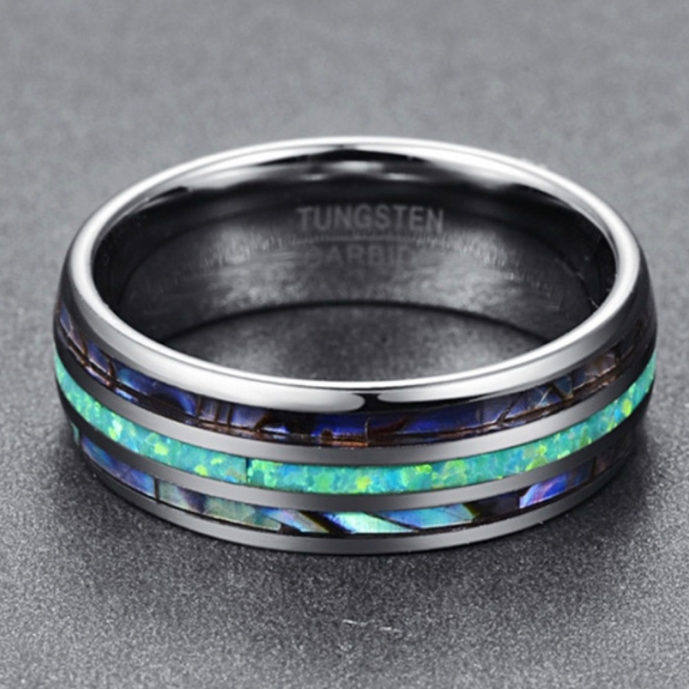MENS INLAY BLACK ABALONE & OPAL TUNGSTEN TITANIUM RING NEW B0X